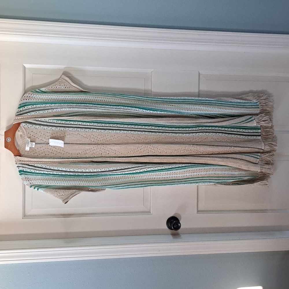 NWT CJ Banks Linen Blend Open Front Knit Boho Fringe Cut Out Duster Cardigan